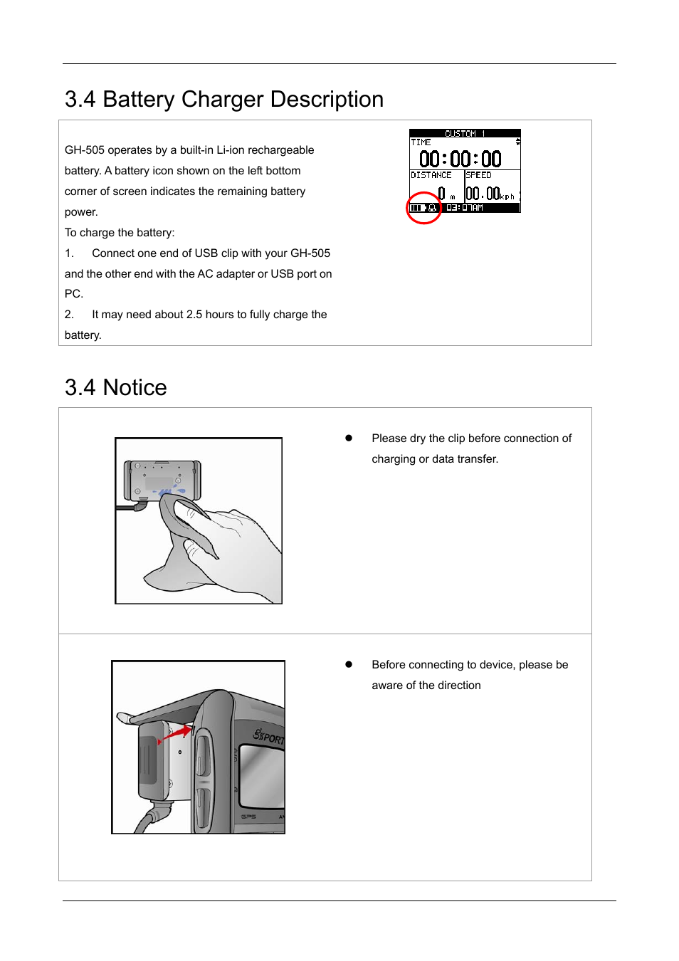 4 battery charger description, 4 notice | GLOBALSAT GH-505 User Manual User Manual | Page 9 / 65