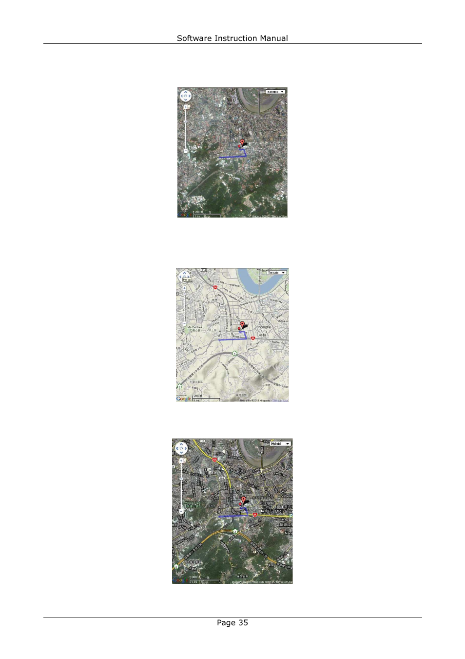 2 satellite map (google map), 3 terrain map (google map), 4 hybrid map (google map) | GLOBALSAT Training Gym Pro v1.1 Instruction Manual User Manual | Page 35 / 39