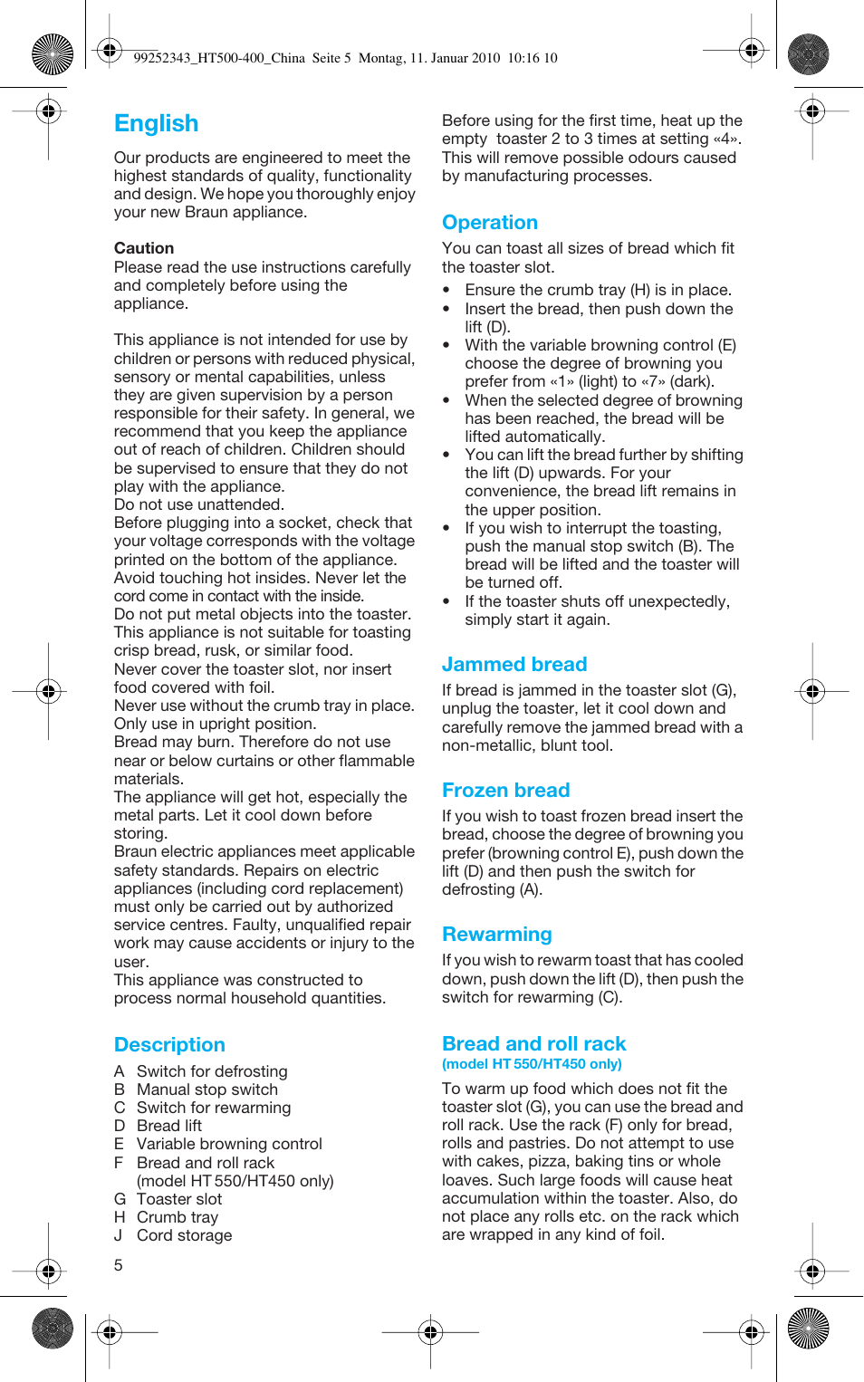 English, Description, Operation | Jammed bread, Frozen bread, Rewarming, Bread and roll rack | Braun HT500 User Manual | Page 5 / 6