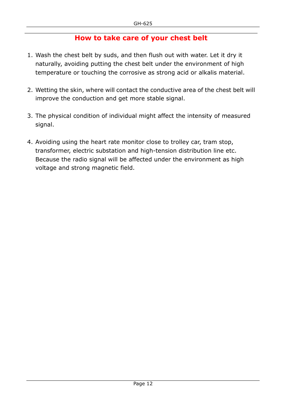 How to take care of your chest belt | GLOBALSAT GH-625 User Manual User Manual | Page 12 / 63