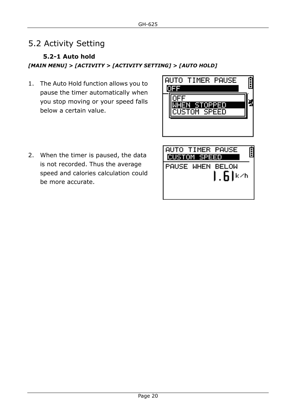 2 activity setting | GLOBALSAT GH-625 User Manual User Manual | Page 20 / 63