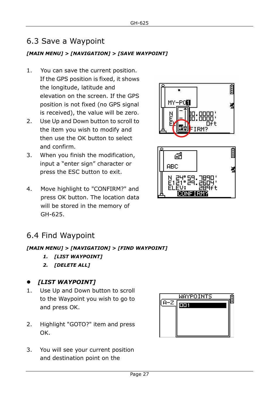 3 save a waypoint, 4 find waypoint | GLOBALSAT GH-625 User Manual User Manual | Page 27 / 63