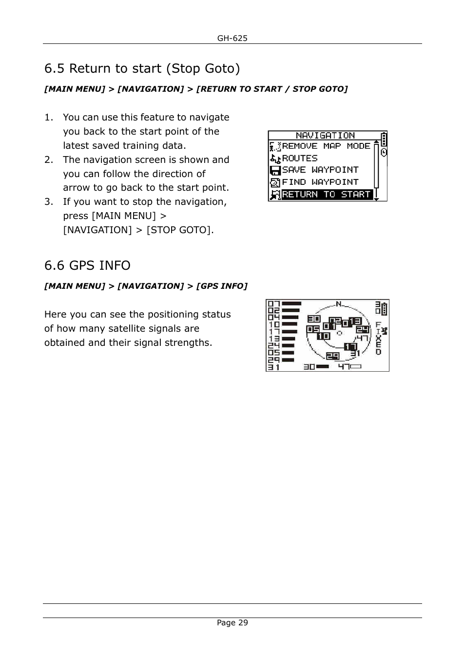 5 return to start (stop goto), 6 gps info | GLOBALSAT GH-625 User Manual User Manual | Page 29 / 63