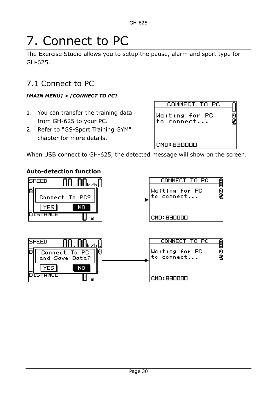 Connect to pc, 1 connect to pc | GLOBALSAT GH-625 User Manual User Manual | Page 30 / 63