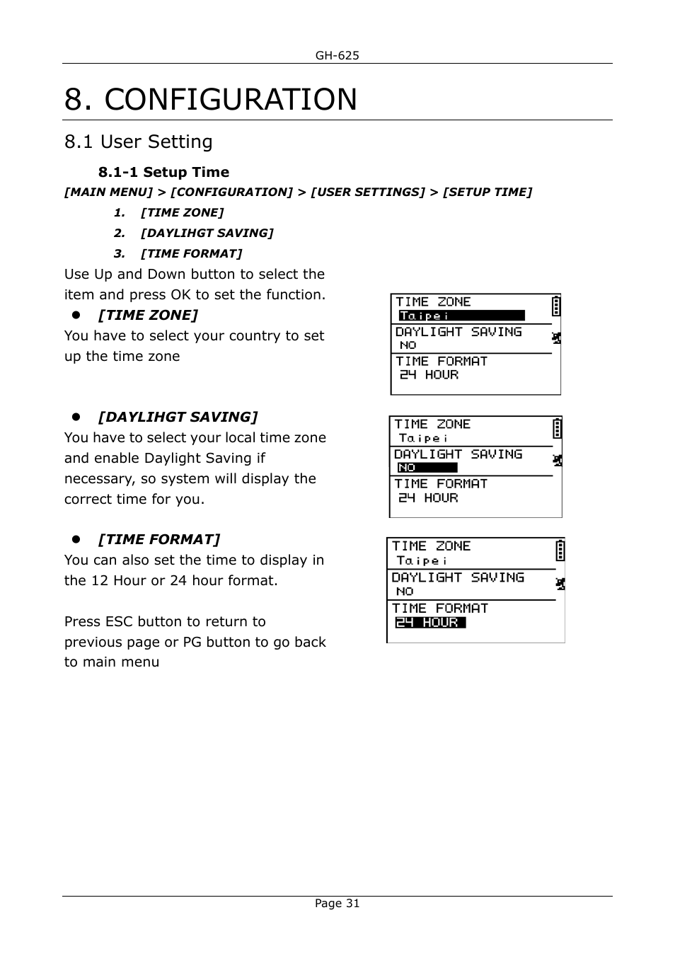 Configuration, 1 user setting | GLOBALSAT GH-625 User Manual User Manual | Page 31 / 63