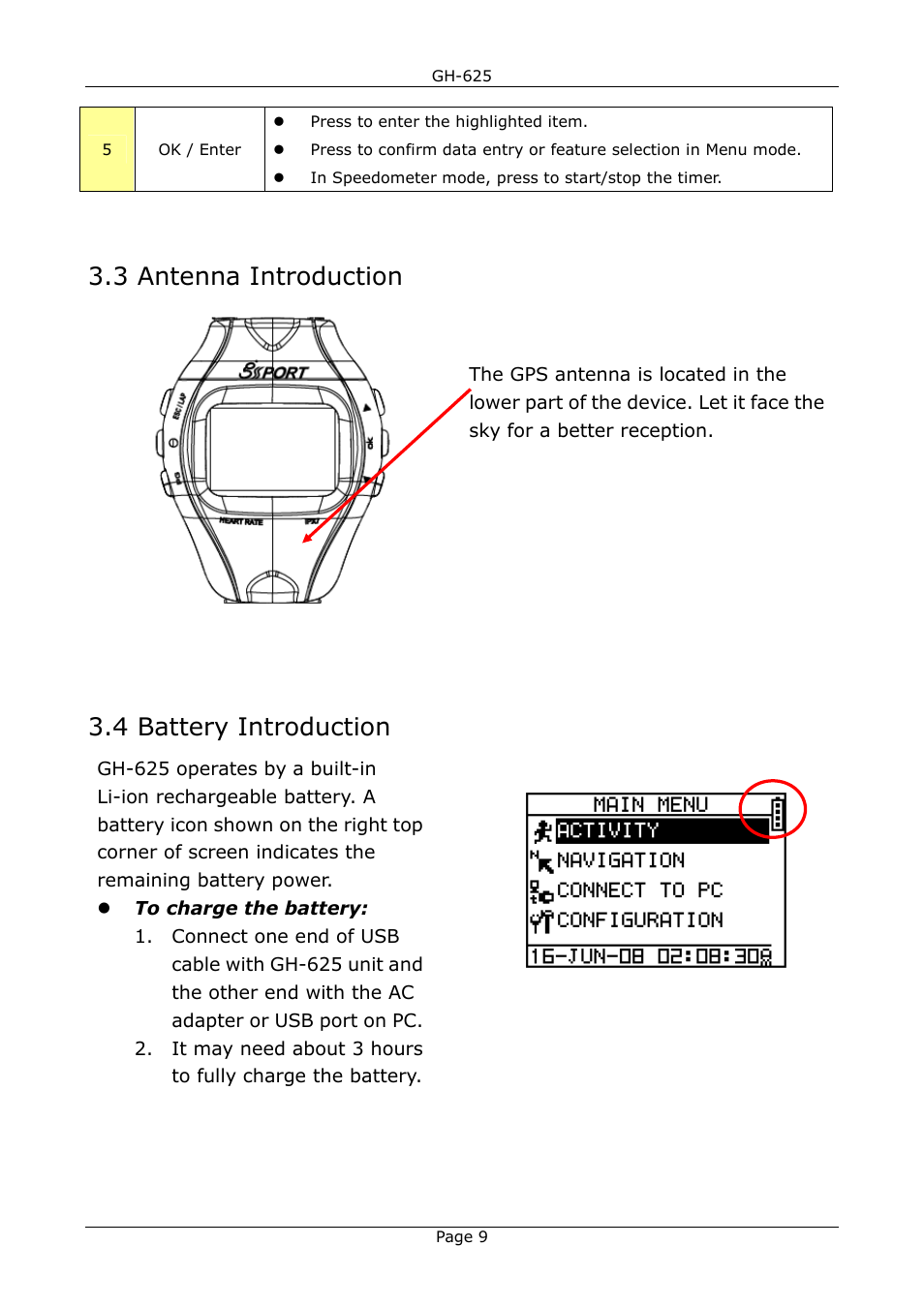 3 antenna introduction, 4 battery introduction | GLOBALSAT GH-625 User Manual User Manual | Page 9 / 63