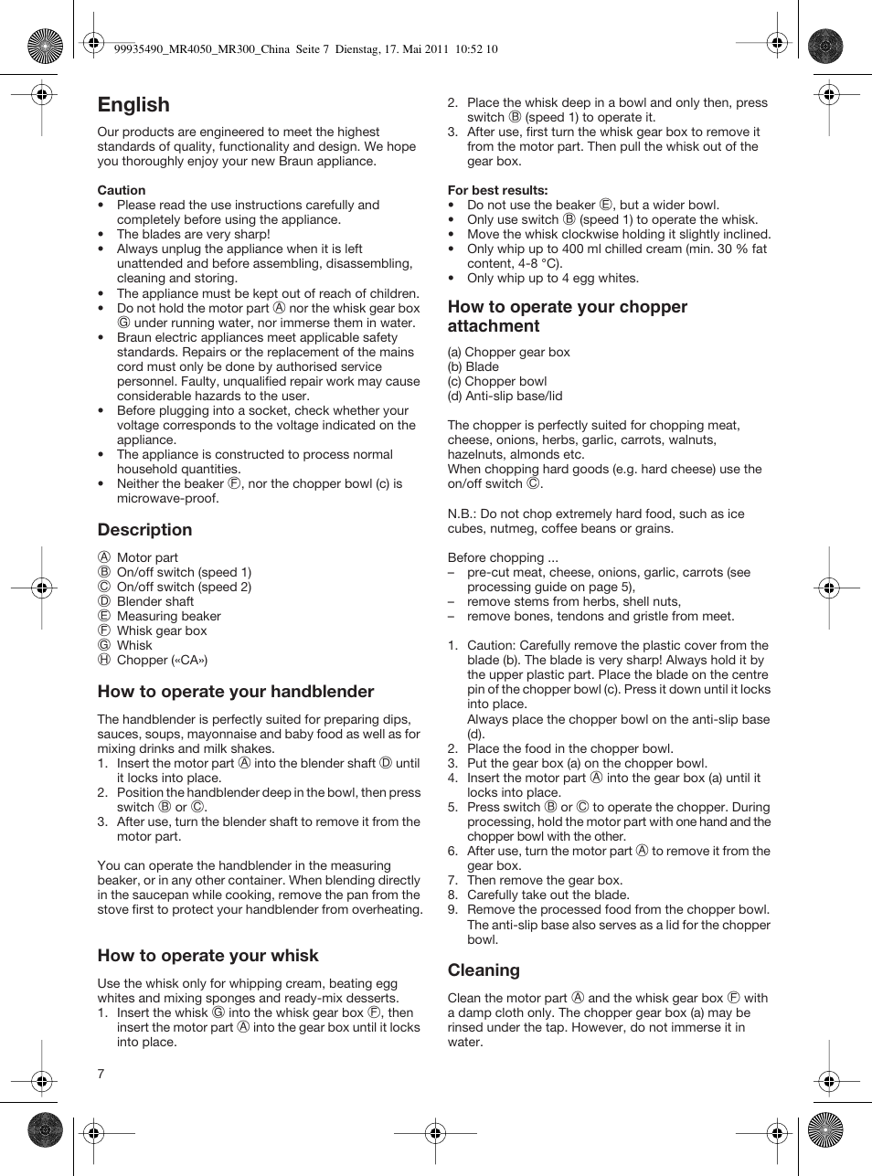 English | Braun MR 4050 CA User Manual | Page 7 / 8