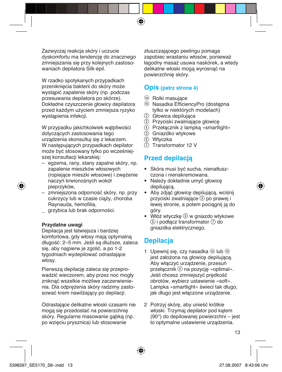 Opis, Przed depilacją, Depilacja | Braun 5270 User Manual | Page 12 / 67