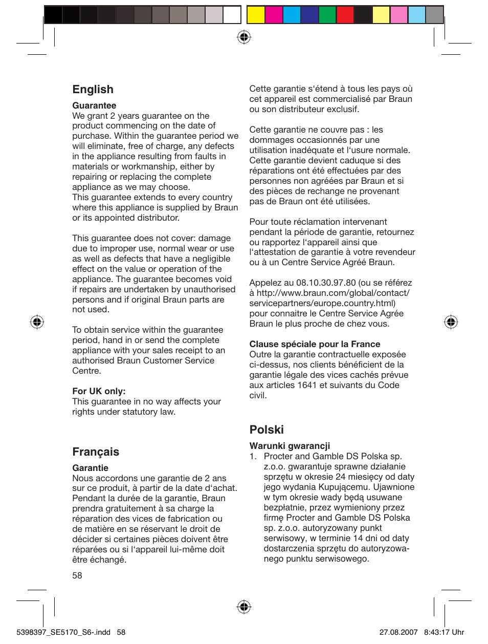 English, Français, Polski | Braun 5270 User Manual | Page 57 / 67