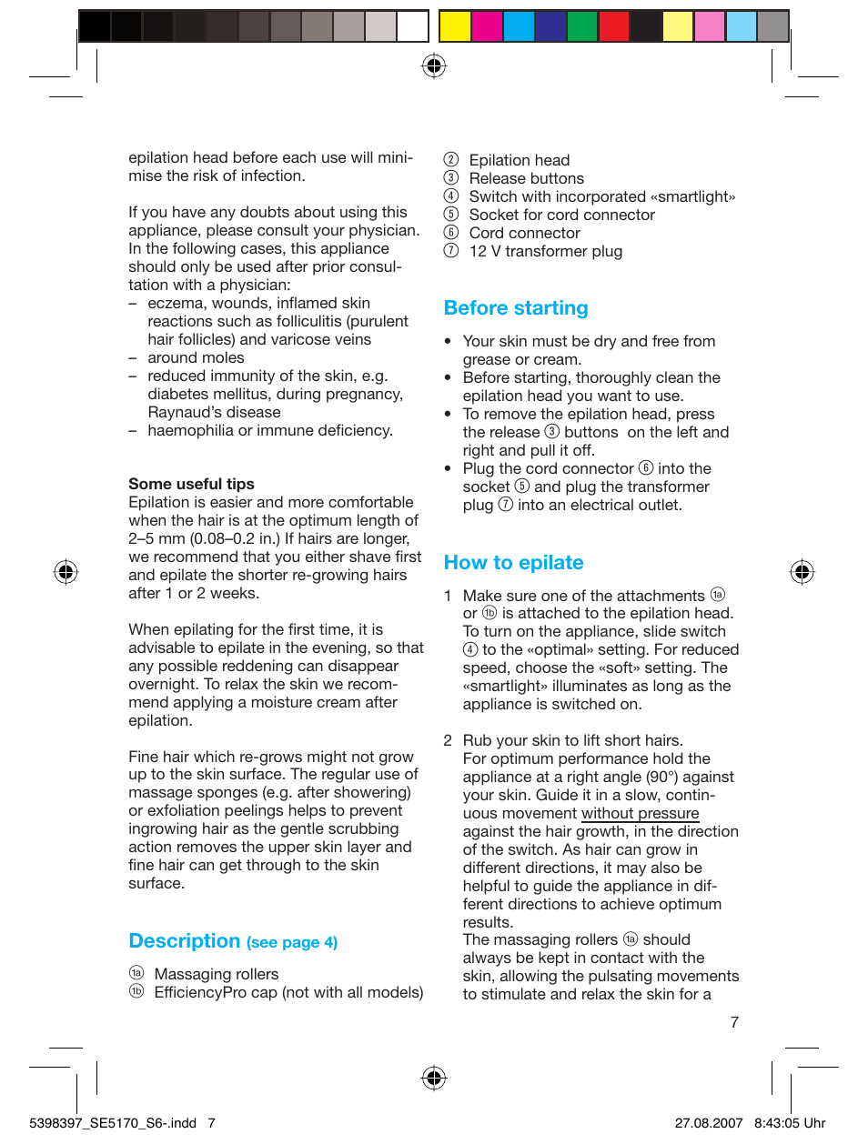 Description, Before starting, How to epilate | Braun 5270 User Manual | Page 6 / 67