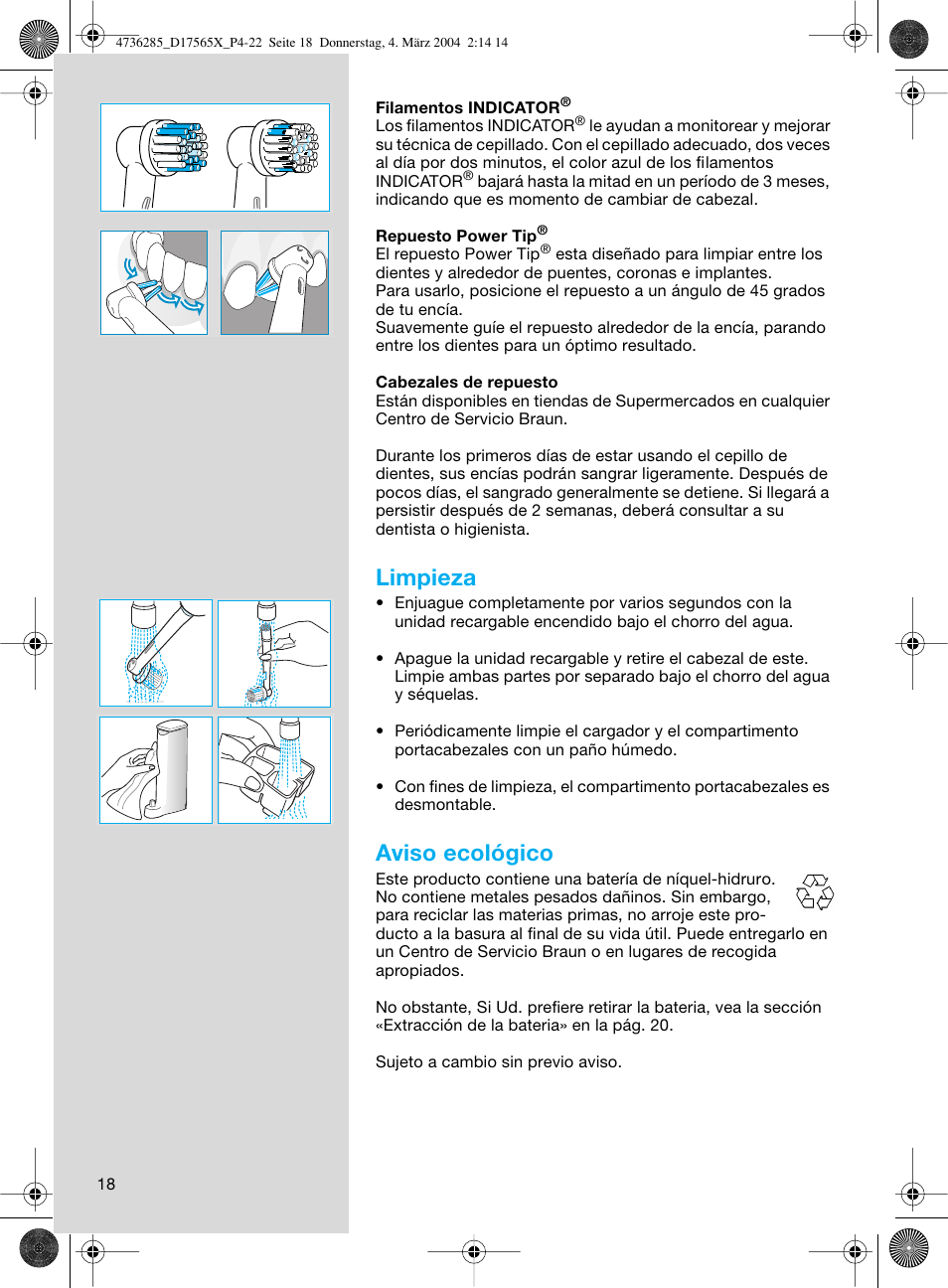 Limpieza, Aviso ecológico | Braun Professional Care 7000 DLX series User Manual | Page 18 / 22