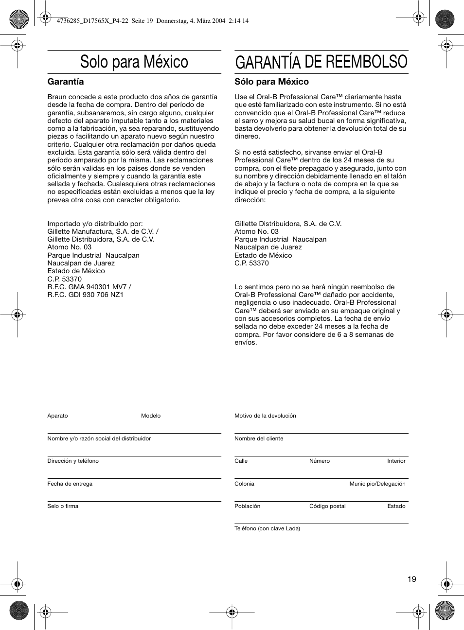 Solo para méxico, Garantía de reembolso, Garantía | Sólo para méxico | Braun Professional Care 7000 DLX series User Manual | Page 19 / 22