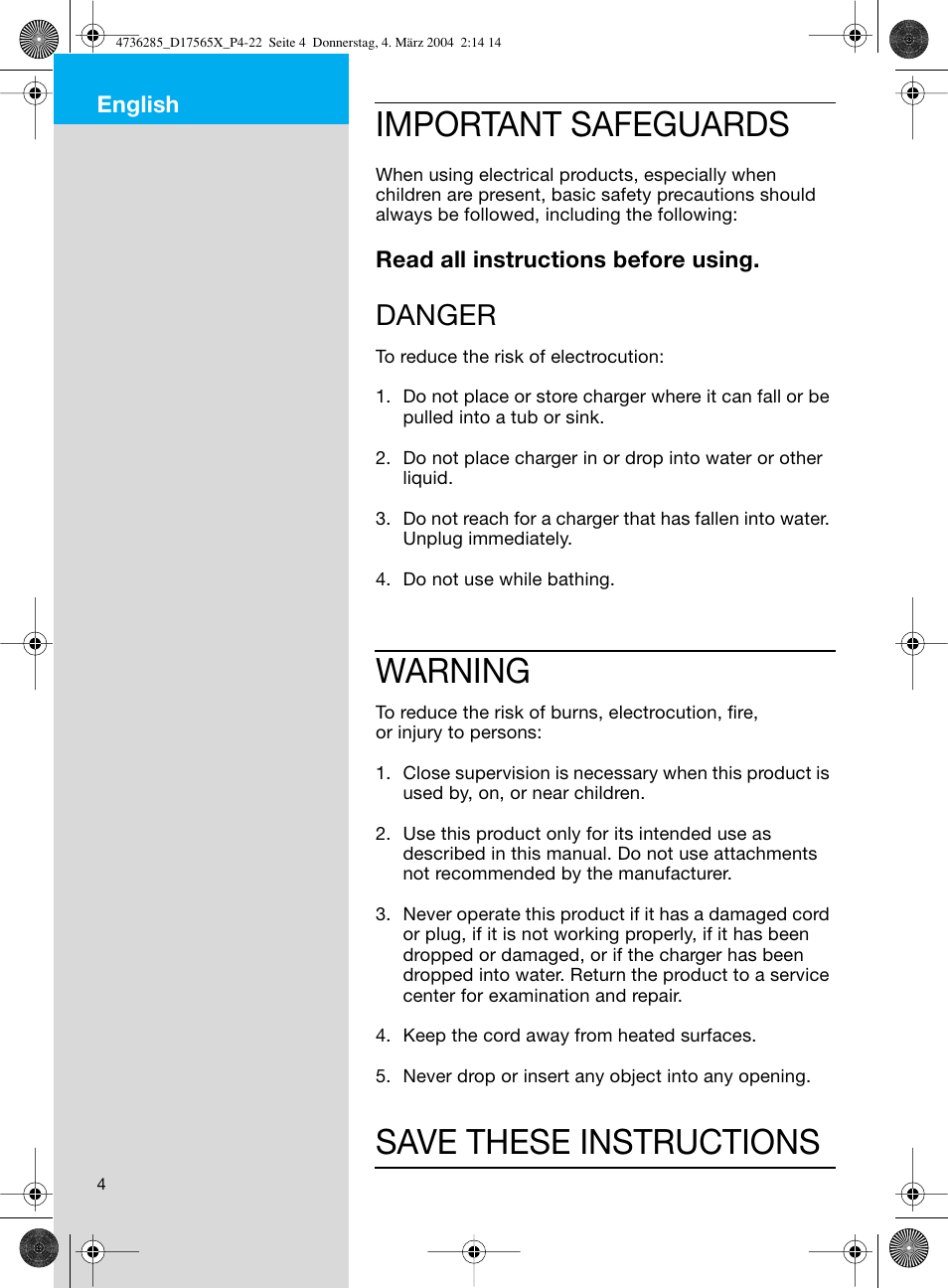 English, Important safeguards, Warning | Save these instructions, Danger | Braun Professional Care 7000 DLX series User Manual | Page 4 / 22