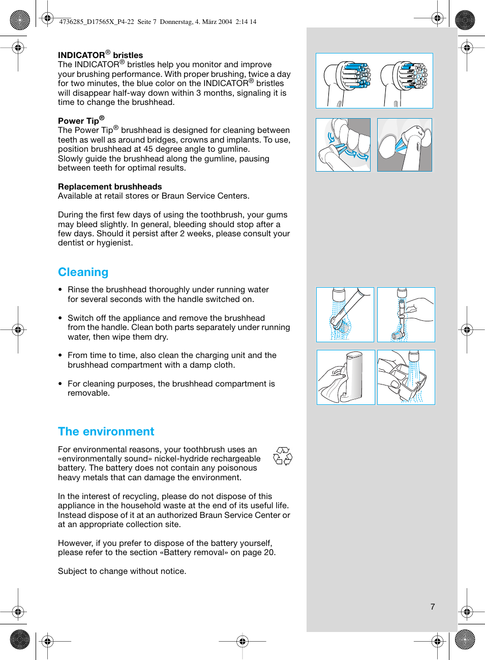 Cleaning, The environment | Braun Professional Care 7000 DLX series User Manual | Page 7 / 22