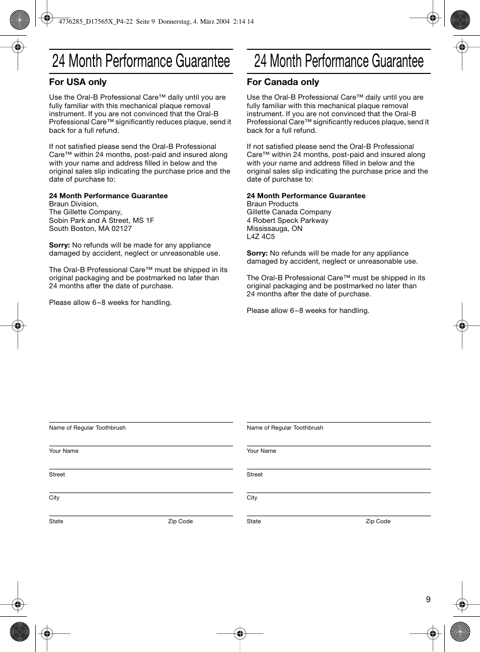 24 month performance guarantee, For usa only, For canada only | Braun Professional Care 7000 DLX series User Manual | Page 9 / 22
