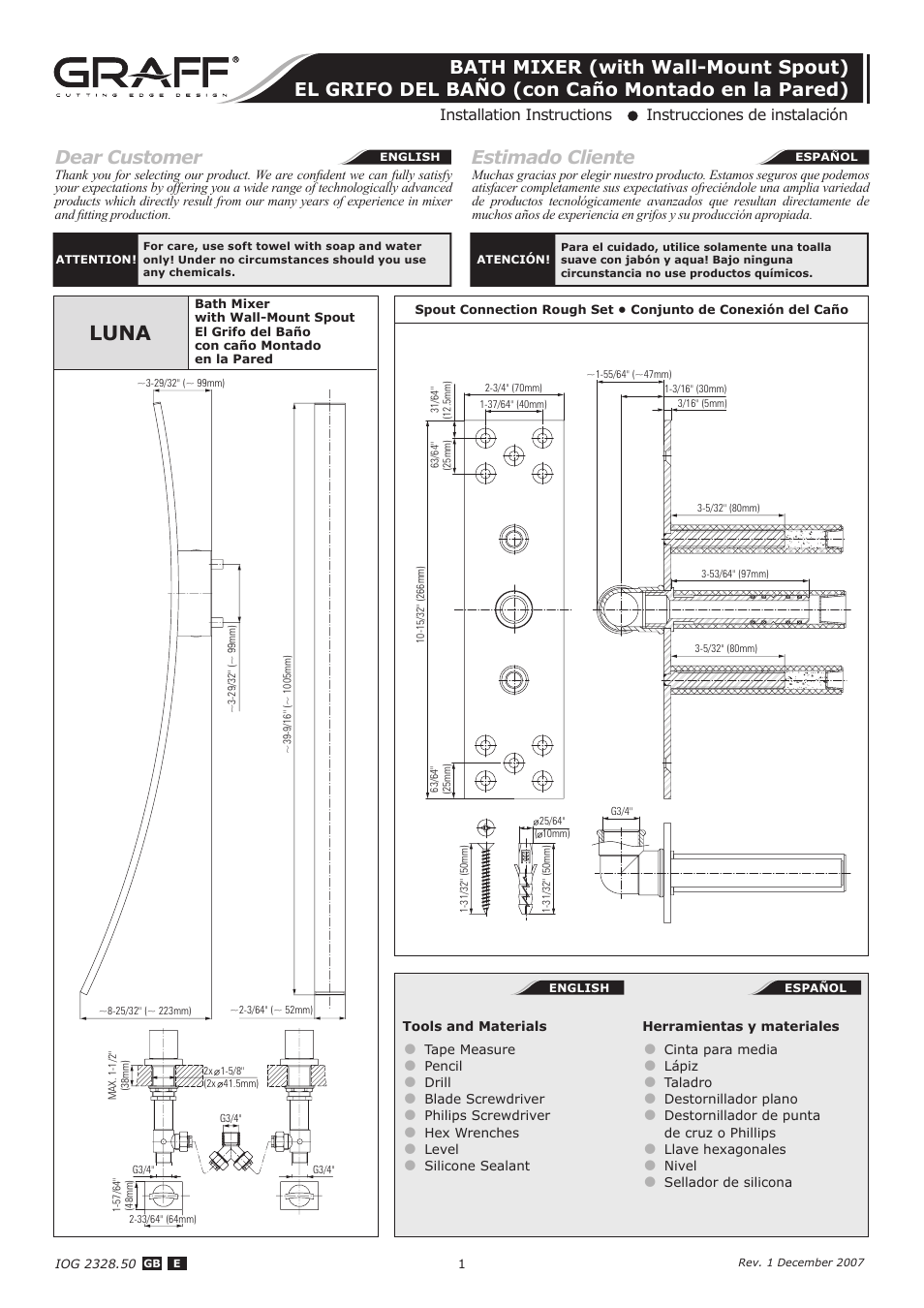 Graff BATH MIXER (with Wall-Mount Spout) User Manual | 12 pages