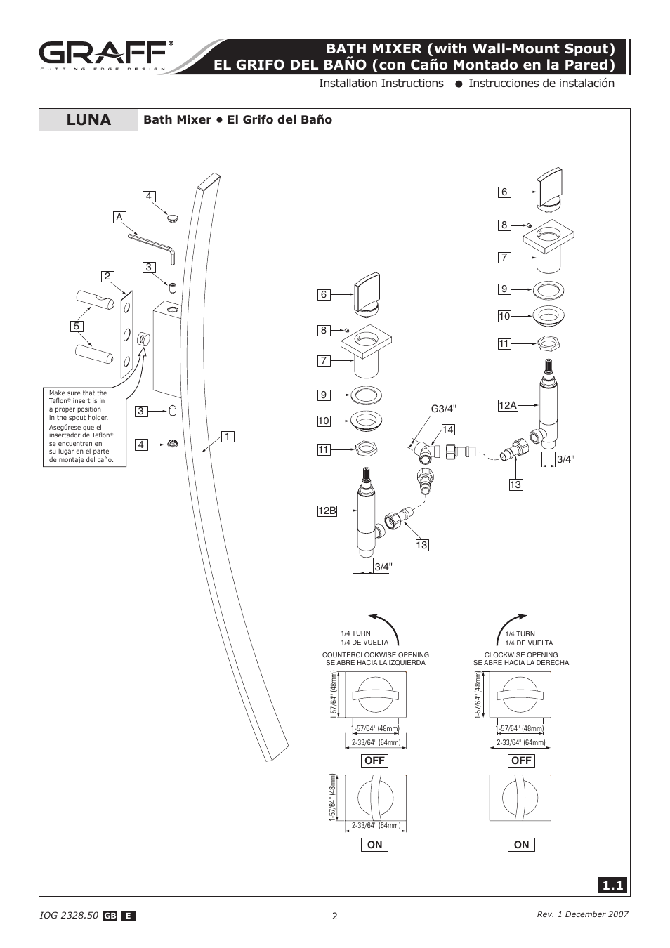 Luna, Bath mixer • el grifo del baño | Graff BATH MIXER (with Wall-Mount Spout) User Manual | Page 2 / 12