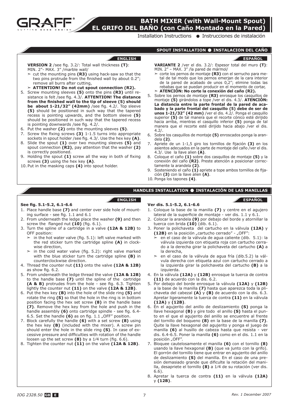 Graff BATH MIXER (with Wall-Mount Spout) User Manual | Page 7 / 12