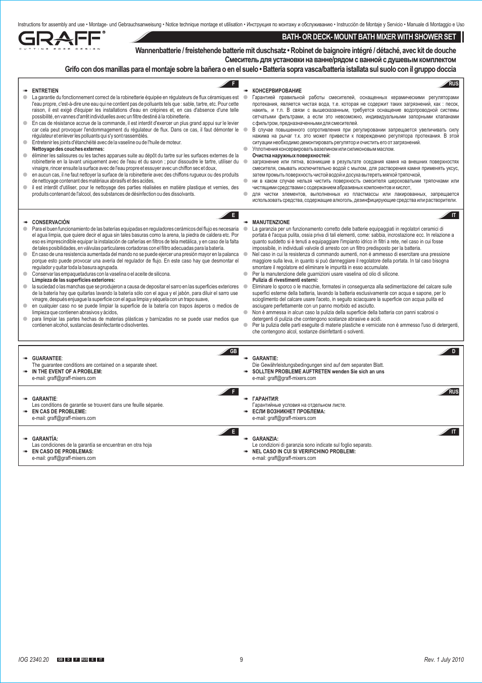 Bath- or deck- mount bath mixer with shower set | Graff BATH- OR DECK- MOUNT BATH MIXER WITH SHOWER SET User Manual | Page 9 / 9