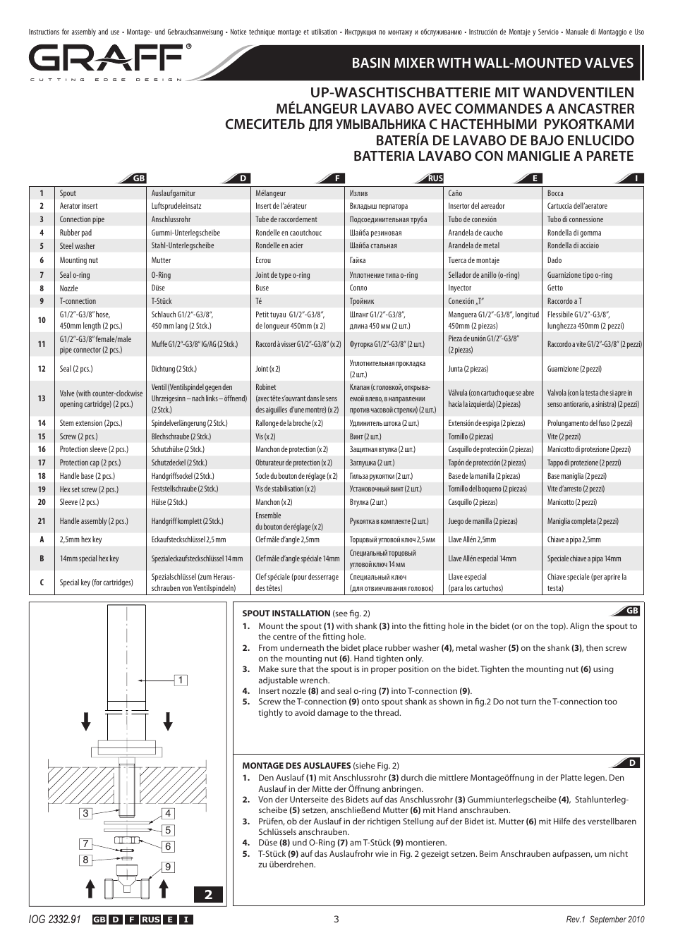 С настенными рукоятками, Для умывальника | Graff BASIN MIXER WITH WALL-MOUNTED VALVES User Manual | Page 3 / 10