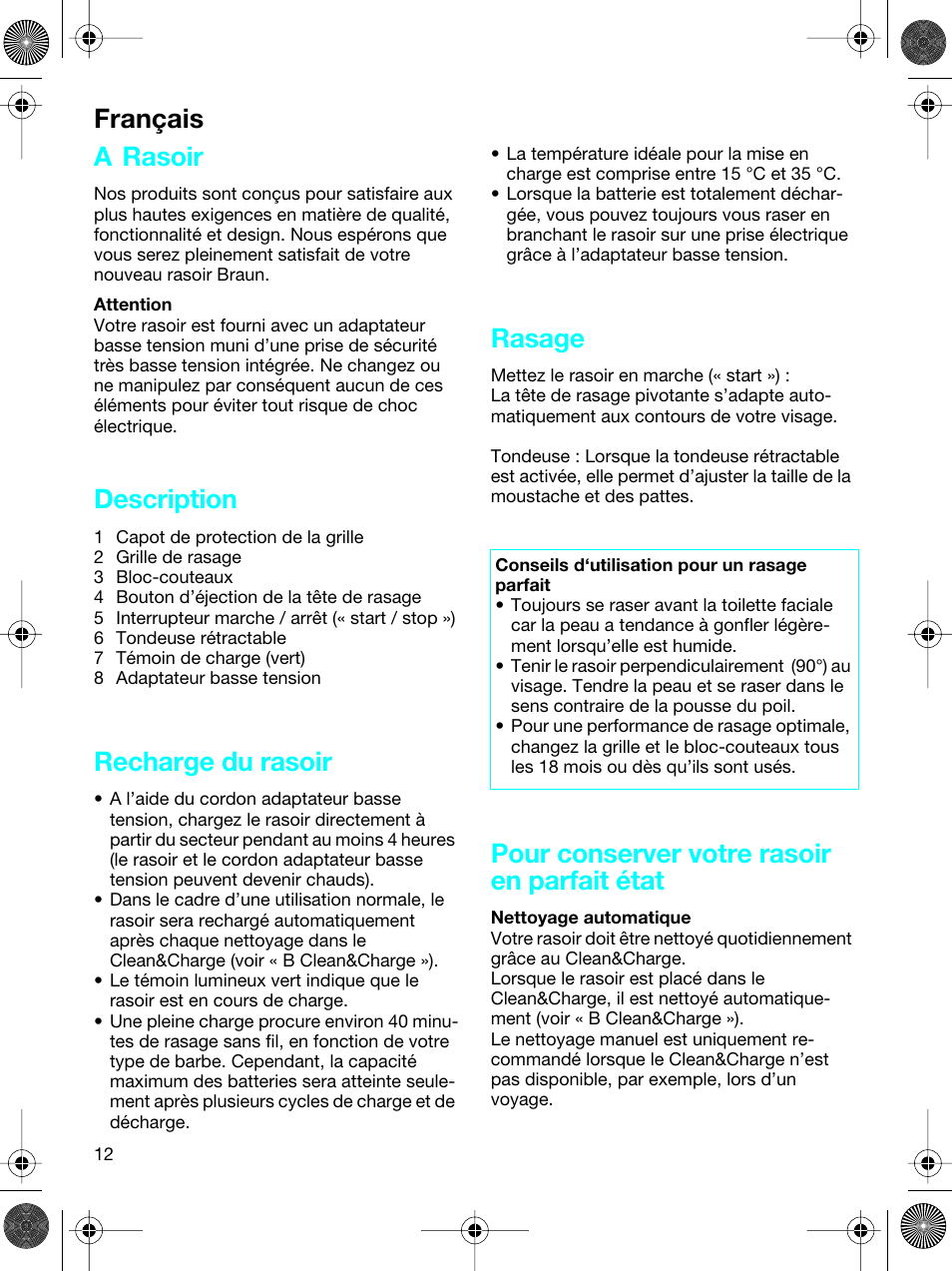 A rasoir, Description, Recharge du rasoir | Rasage, Pour conserver votre rasoir en parfait état, Français | Braun 5691 User Manual | Page 11 / 53