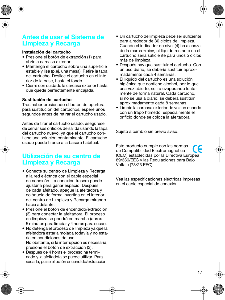 Antes de usar el sistema de limpieza y recarga, Utilización de su centro de limpieza y recarga | Braun 5691 User Manual | Page 16 / 53