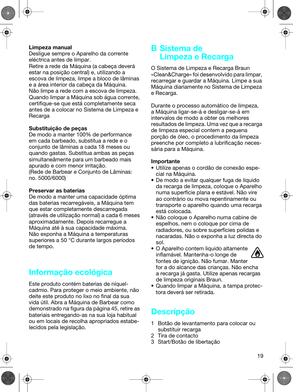 Informação ecológica, B sistema de limpeza e recarga, Descripção | Braun 5691 User Manual | Page 18 / 53