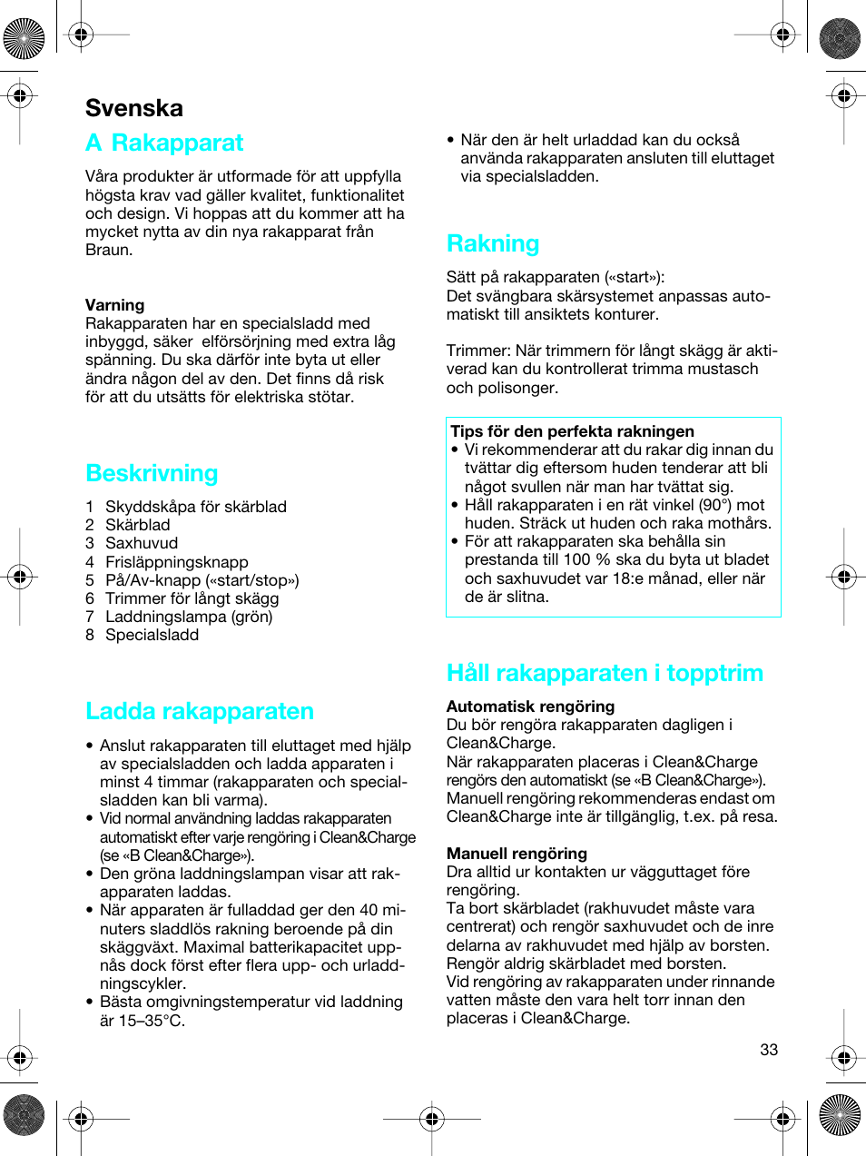 A rakapparat, Beskrivning, Ladda rakapparaten | Rakning, Håll rakapparaten i topptrim, Svenska | Braun 5691 User Manual | Page 32 / 53