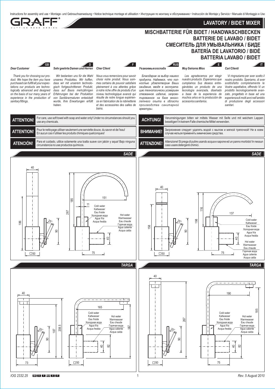 Graff LAVATORY / BIDET MIXER User Manual | 8 pages