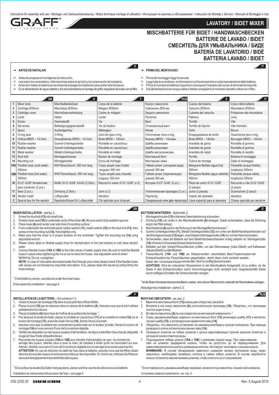 Graff LAVATORY / BIDET MIXER User Manual | Page 4 / 8