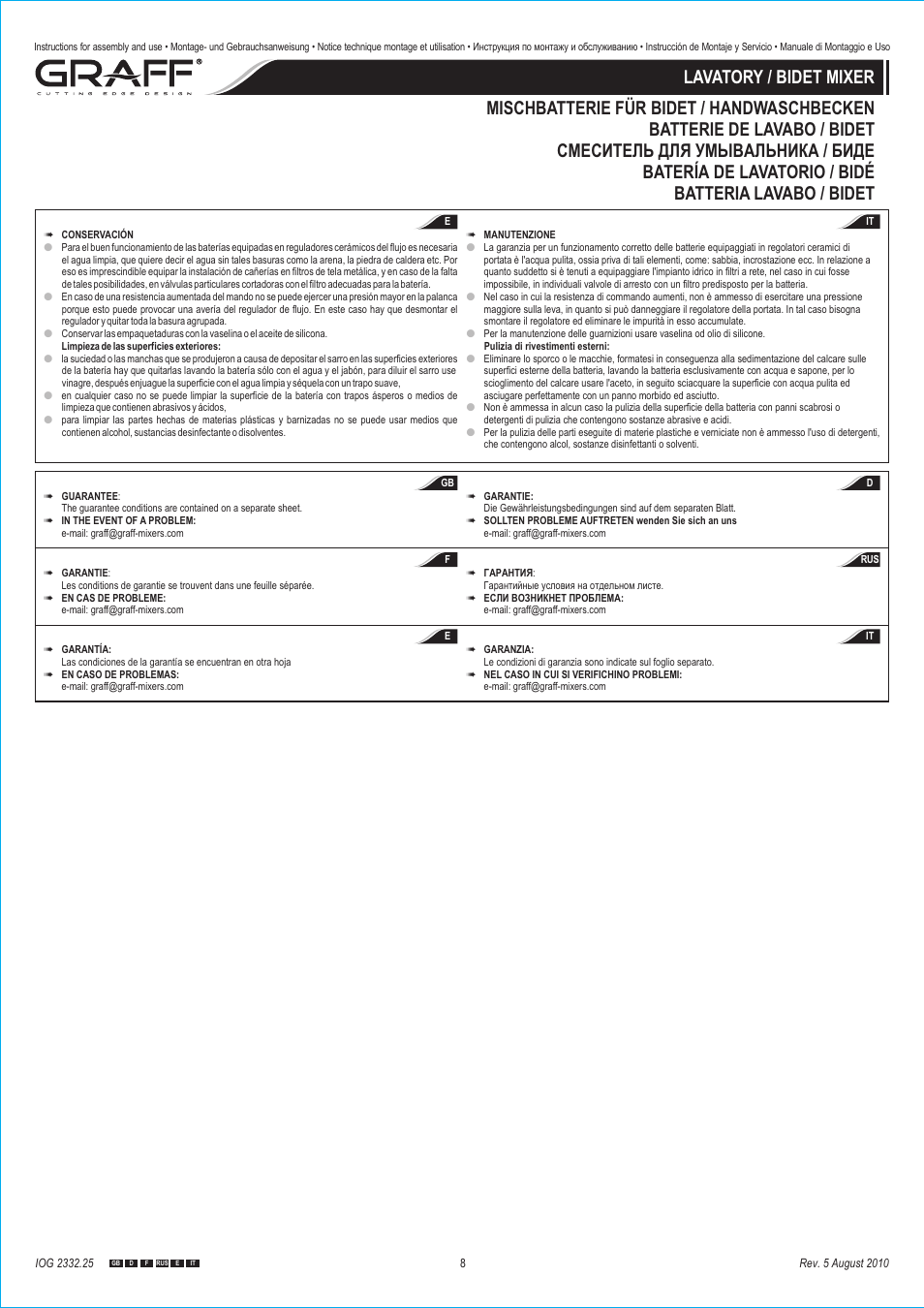 Graff LAVATORY / BIDET MIXER User Manual | Page 8 / 8