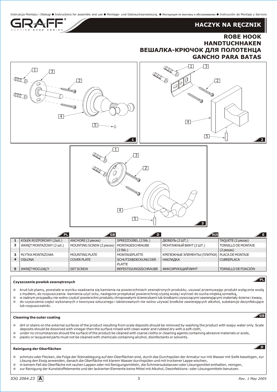 Uwaga, Attention, Achtung | Внимание, Atención | Graff ROBE HOOK User Manual | Page 3 / 4