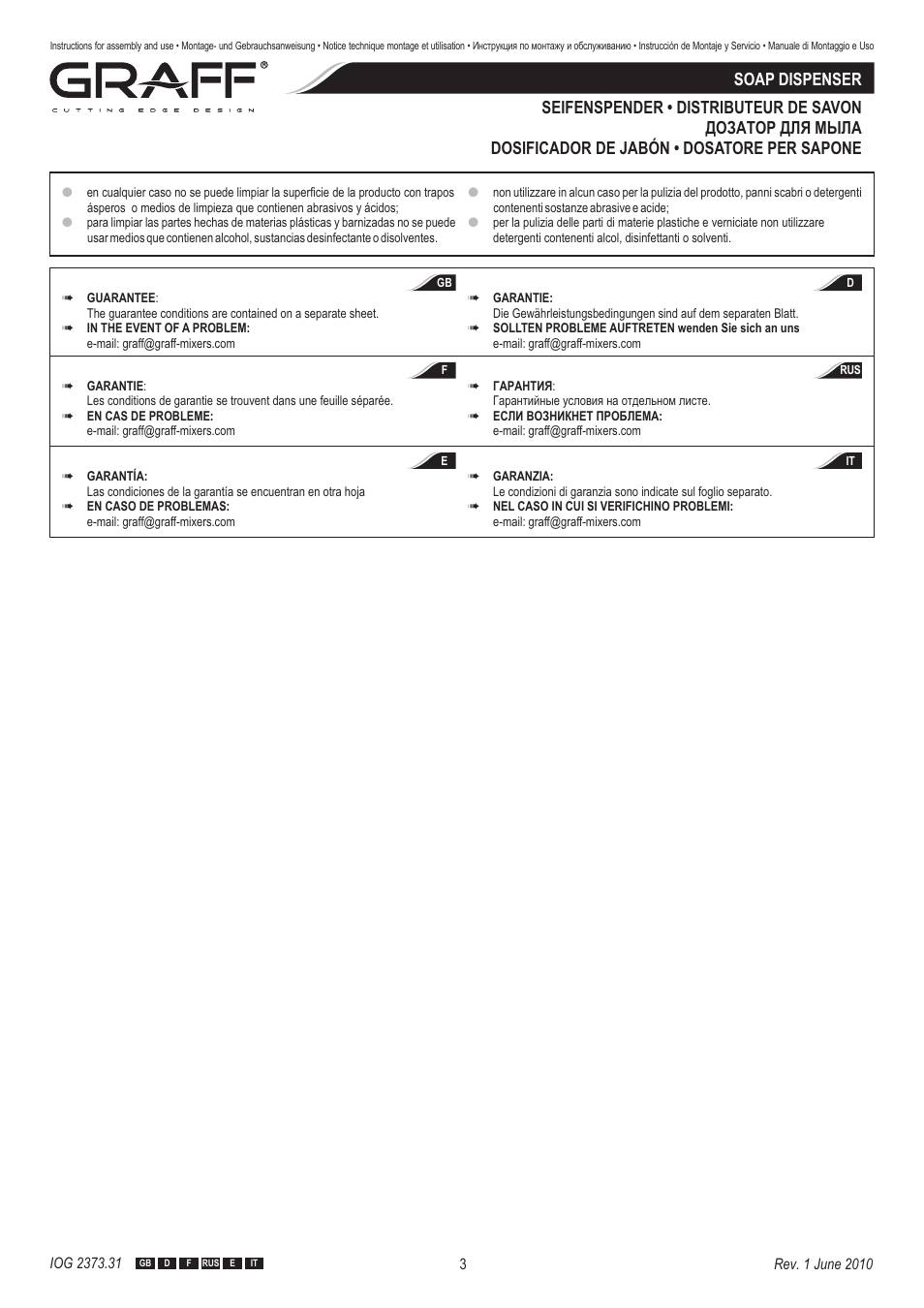 Graff SOAP DISPENSER User Manual | Page 3 / 3
