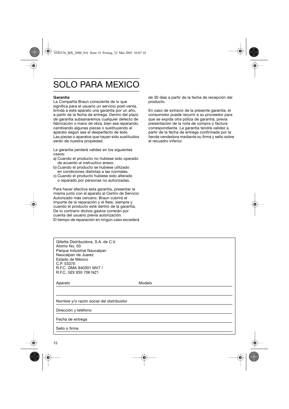 Solo para mexico | Braun 4184 User Manual | Page 15 / 15