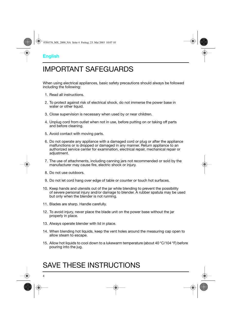English, Important safeguards, Save these instructions | Braun 4184 User Manual | Page 4 / 15