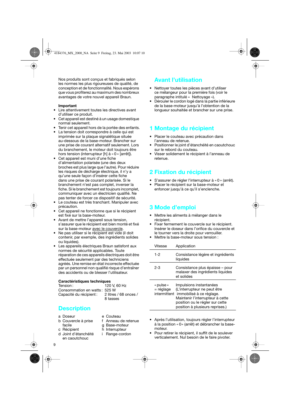 Description, Avant l’utilisation, 1 montage du récipient | 2 fixation du récipient, 3 mode d’emploi | Braun 4184 User Manual | Page 9 / 15