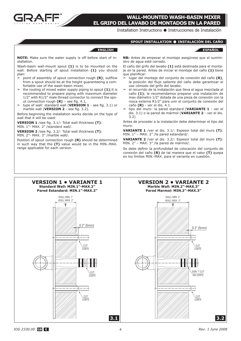 Version 1 • variante 1, Version 2 • variante 2 | Graff WALL-MOUNTED WASH-BASIN MIXER User Manual | Page 4 / 8