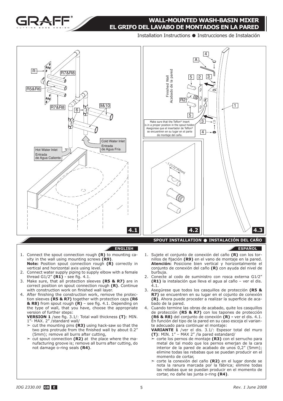 Installation instructions, Instrucciones de instalación | Graff WALL-MOUNTED WASH-BASIN MIXER User Manual | Page 5 / 8