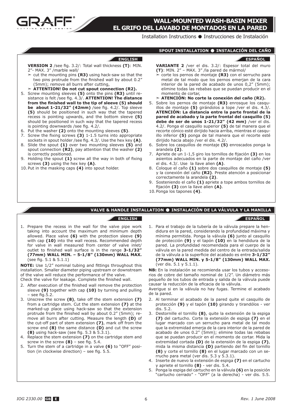 Installation instructions, Instrucciones de instalación | Graff WALL-MOUNTED WASH-BASIN MIXER User Manual | Page 6 / 8