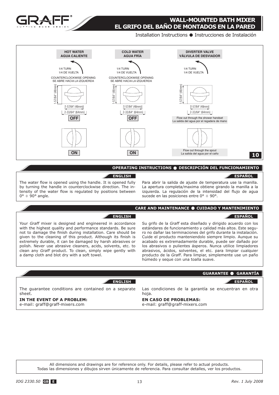 Installation instructions, Instrucciones de instalación | Graff WALL-MOUNTED BATH MIXER User Manual | Page 13 / 14