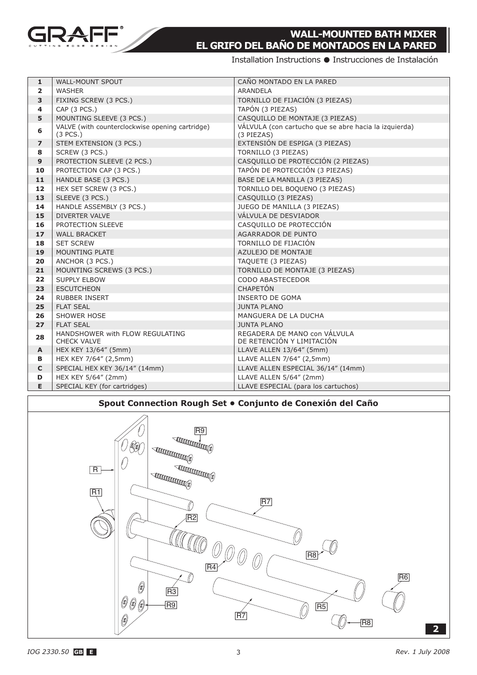 Installation instructions, Instrucciones de instalación | Graff WALL-MOUNTED BATH MIXER User Manual | Page 3 / 14