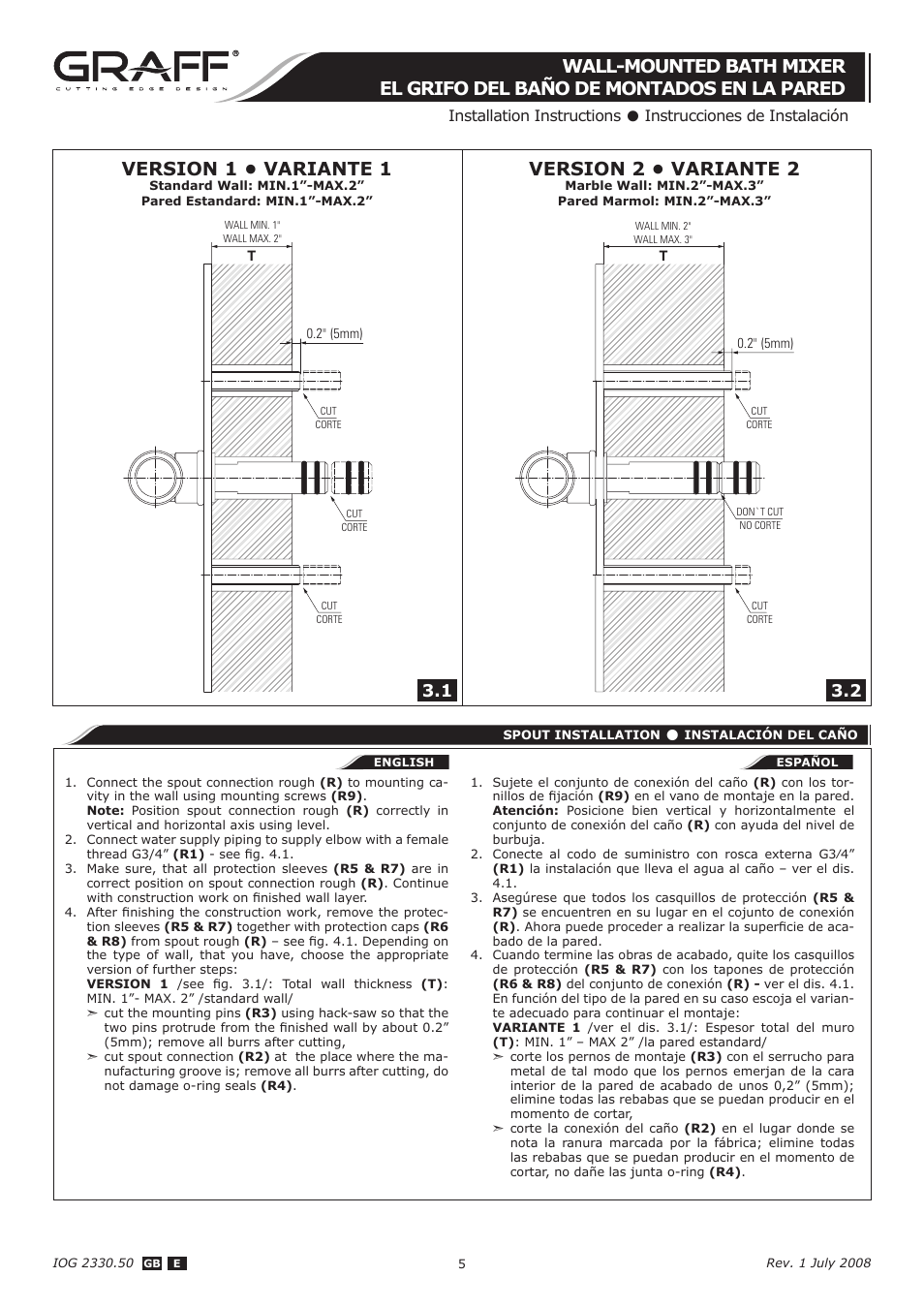 Version 1 • variante 1, Version 2 • variante 2, Installation instructions | Instrucciones de instalación | Graff WALL-MOUNTED BATH MIXER User Manual | Page 5 / 14