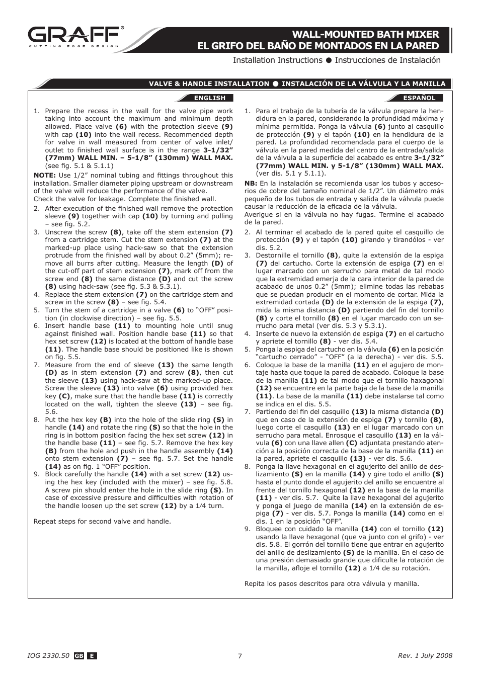 Graff WALL-MOUNTED BATH MIXER User Manual | Page 7 / 14