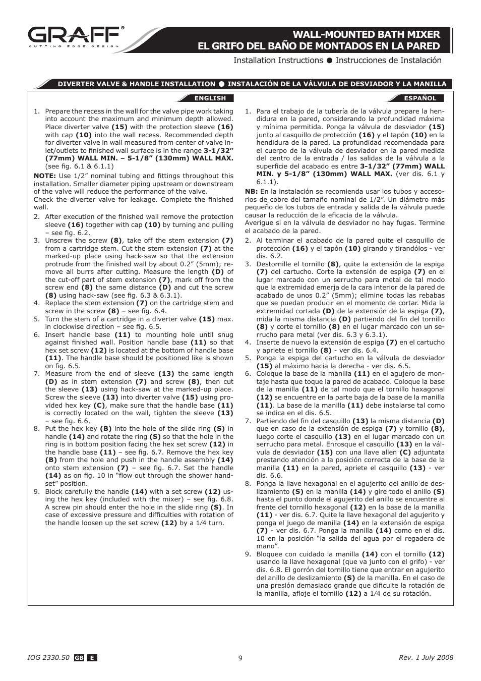 Graff WALL-MOUNTED BATH MIXER User Manual | Page 9 / 14