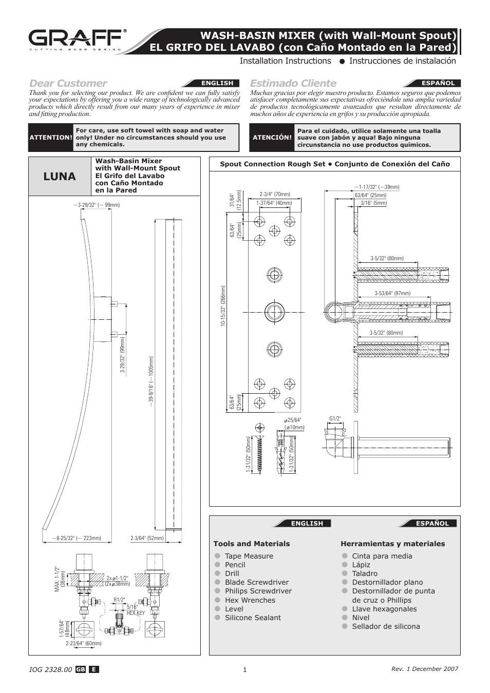 Graff WASH-BASIN MIXER (with Wall-Mount Spout) User Manual | 9 pages