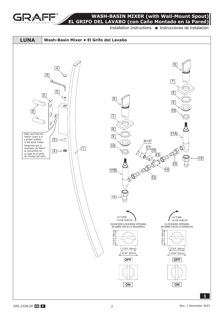 Luna, Wash-basin mixer • el grifo del lavabo | Graff WASH-BASIN MIXER (with Wall-Mount Spout) User Manual | Page 2 / 9