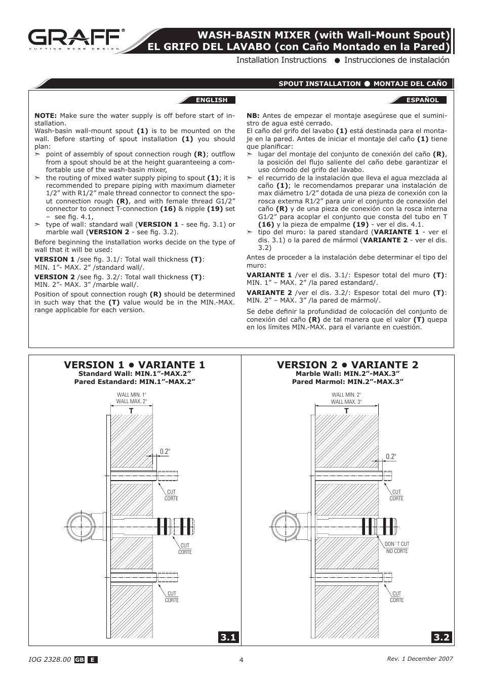 Version 1 • variante 1, Version 2 • variante 2 | Graff WASH-BASIN MIXER (with Wall-Mount Spout) User Manual | Page 4 / 9