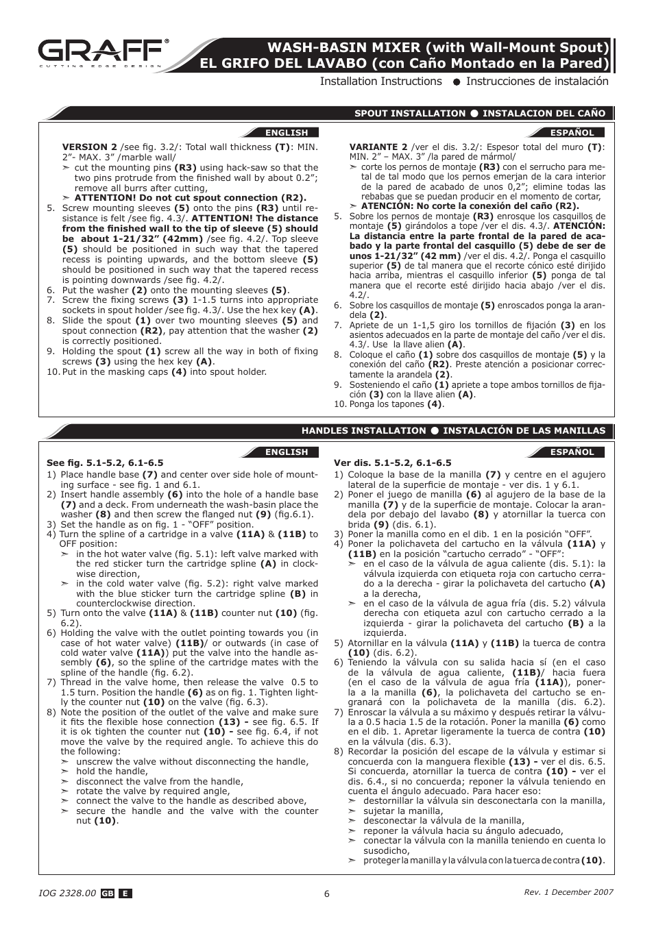 Graff WASH-BASIN MIXER (with Wall-Mount Spout) User Manual | Page 6 / 9