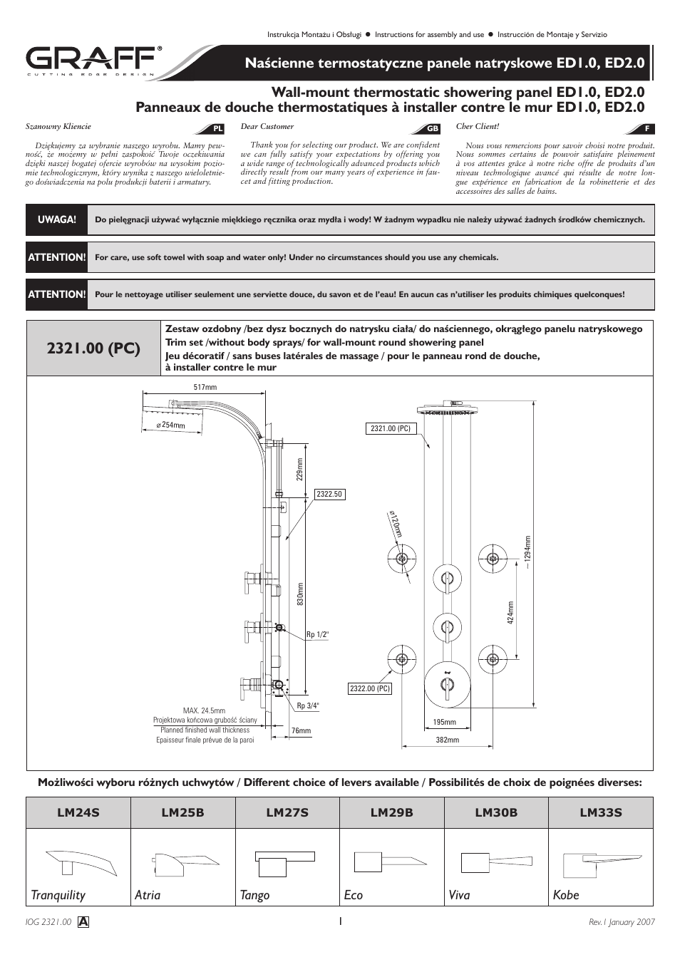 Graff Wall-mount thermostatic showering panel ED1.0, ED2.0 User Manual | 24 pages