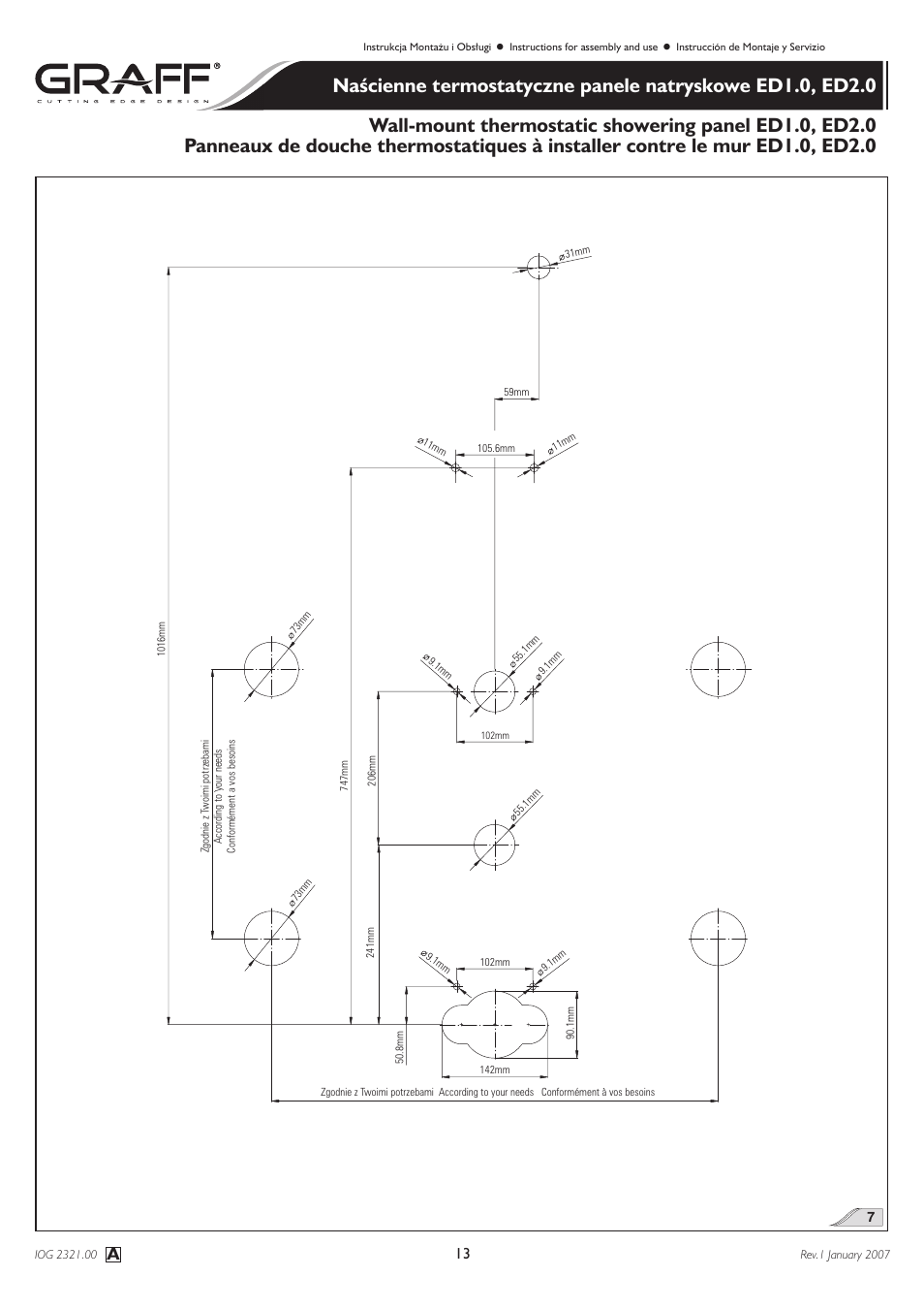Graff Wall-mount thermostatic showering panel ED1.0, ED2.0 User Manual | Page 13 / 24